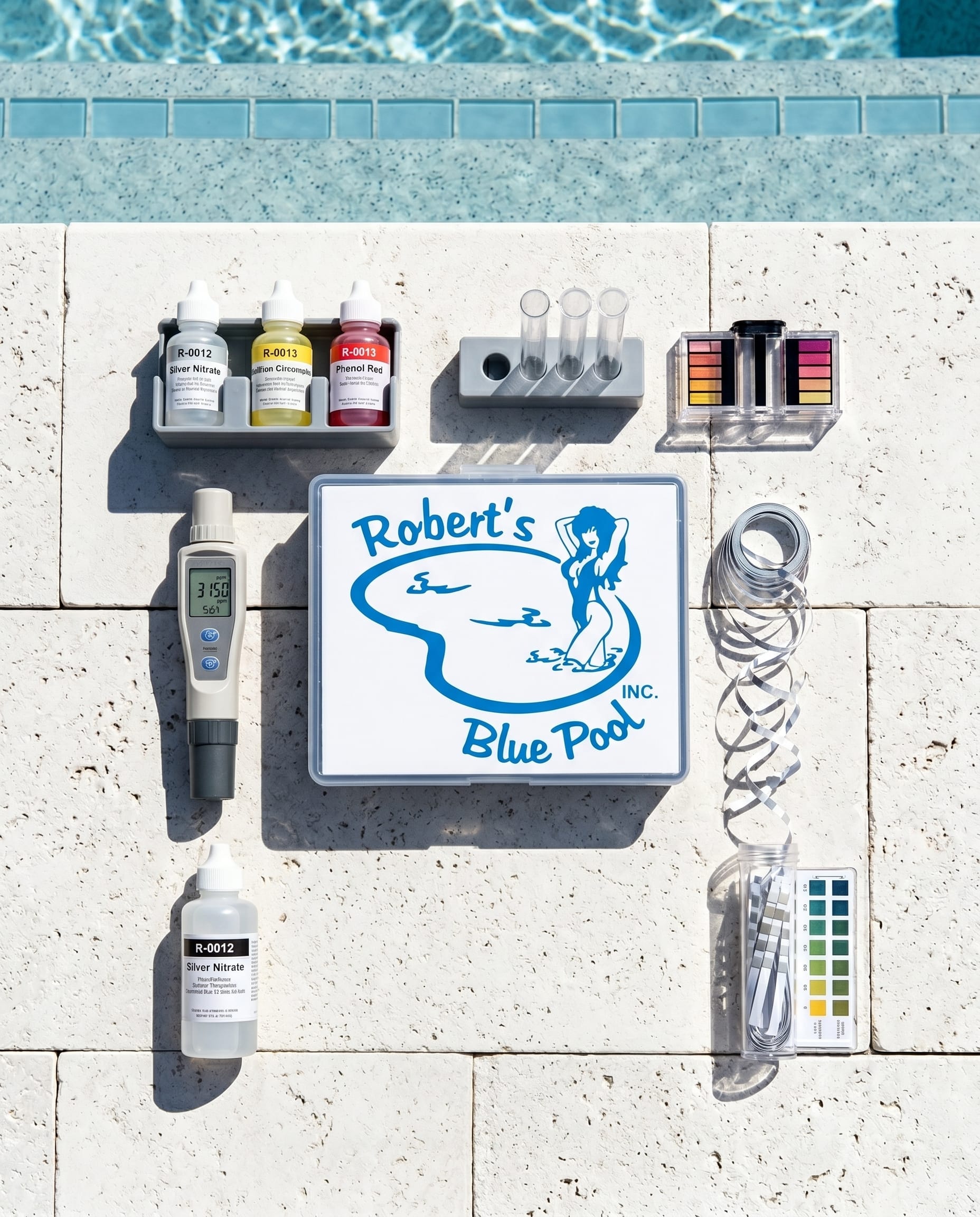 Pool water test kit and salinity meter on a wet travertine deck at a Miami saltwater pool