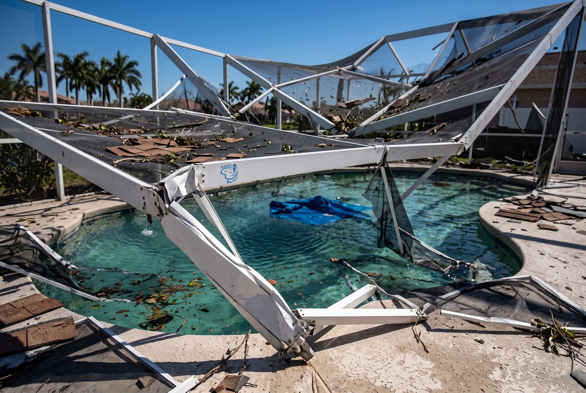 Collapsed aluminum pool screen enclosure over a Miami-Dade pool after hurricane wind damage