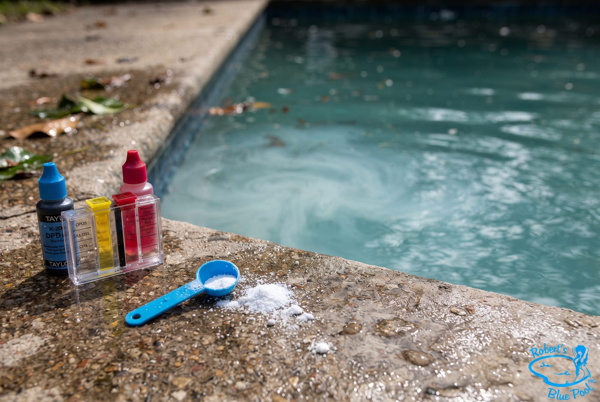 Cloudy brown floodwater in a Miami backyard pool with leaves and debris on the surface after a storm
