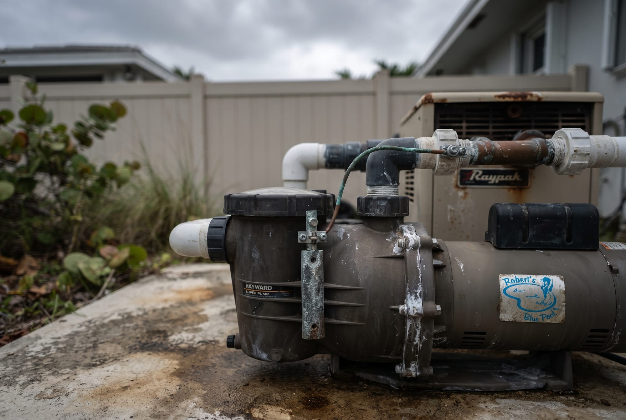 Corroded pool equipment pad with a zinc anode on a coastal Miami property