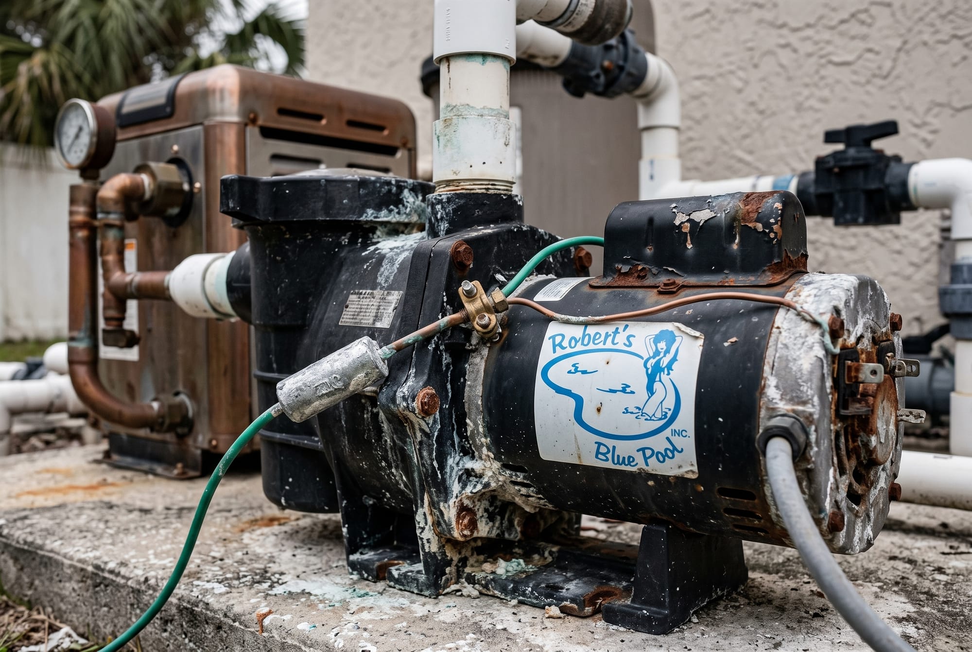 Corroded coastal pool equipment pad in Miami with a bonded zinc anode