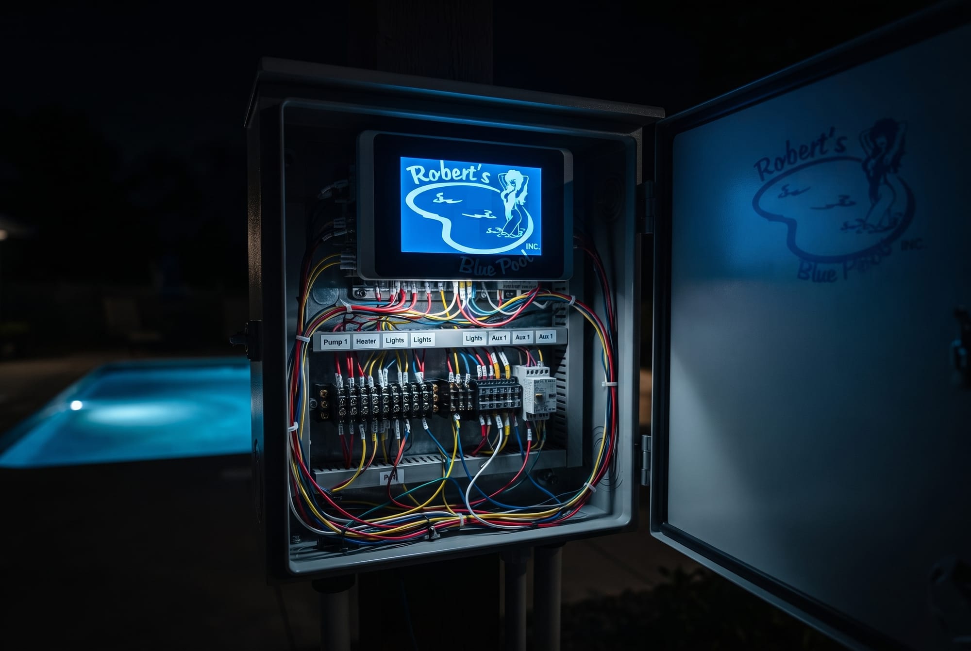 Illuminated pool automation control panel at night on a Miami equipment pad