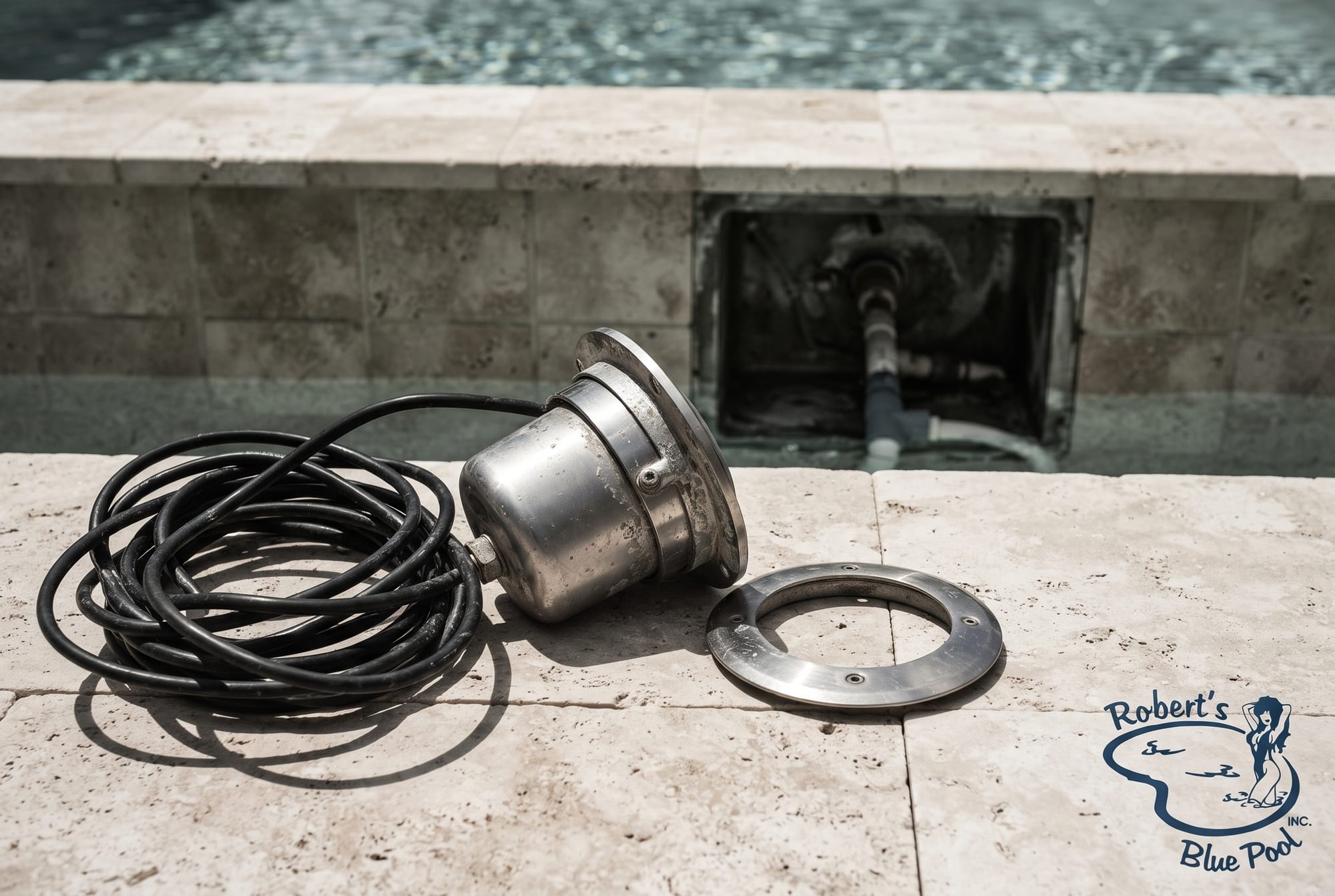 Removed underwater pool light fixture and coiled cord resting on travertine coping at a Miami pool