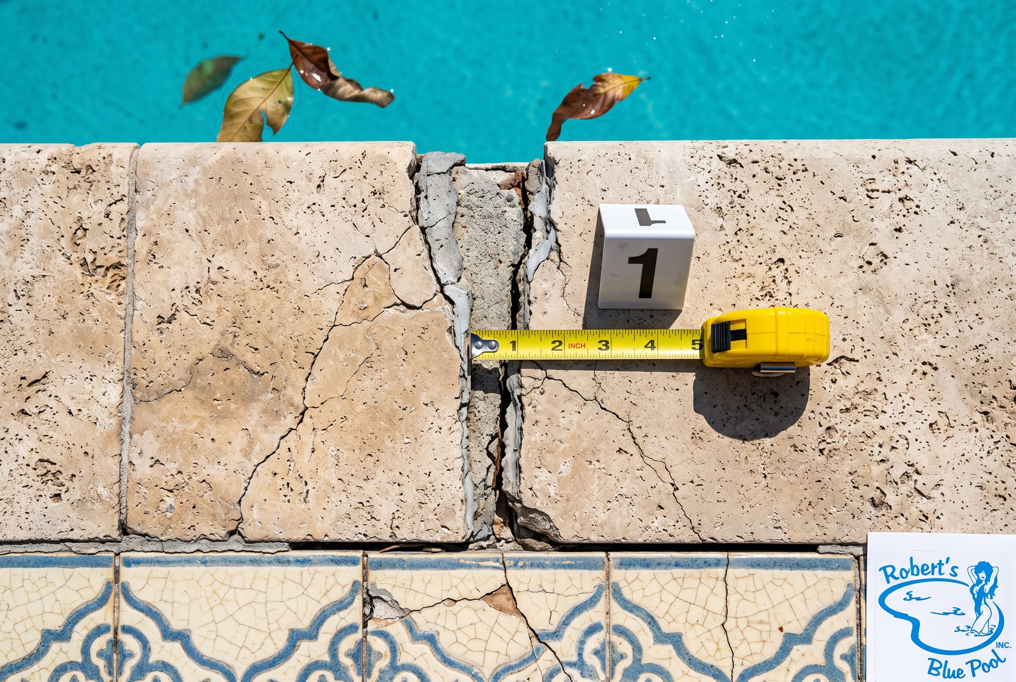 Cracked travertine coping and chipped waterline tile on a Miami pool deck with a tape measure laid across the crack for scale