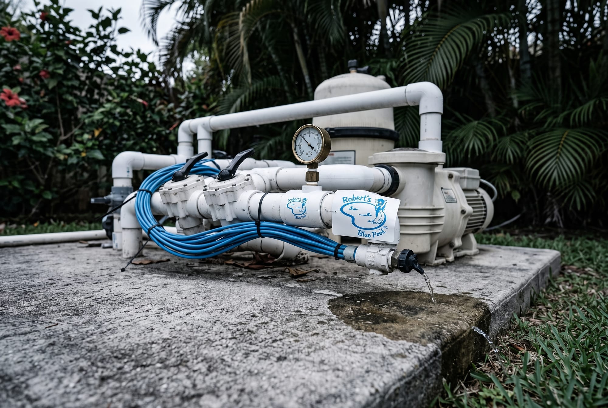 Pool equipment pad in a Miami side yard with a pressure gauge on the return line and water pooling on the slab