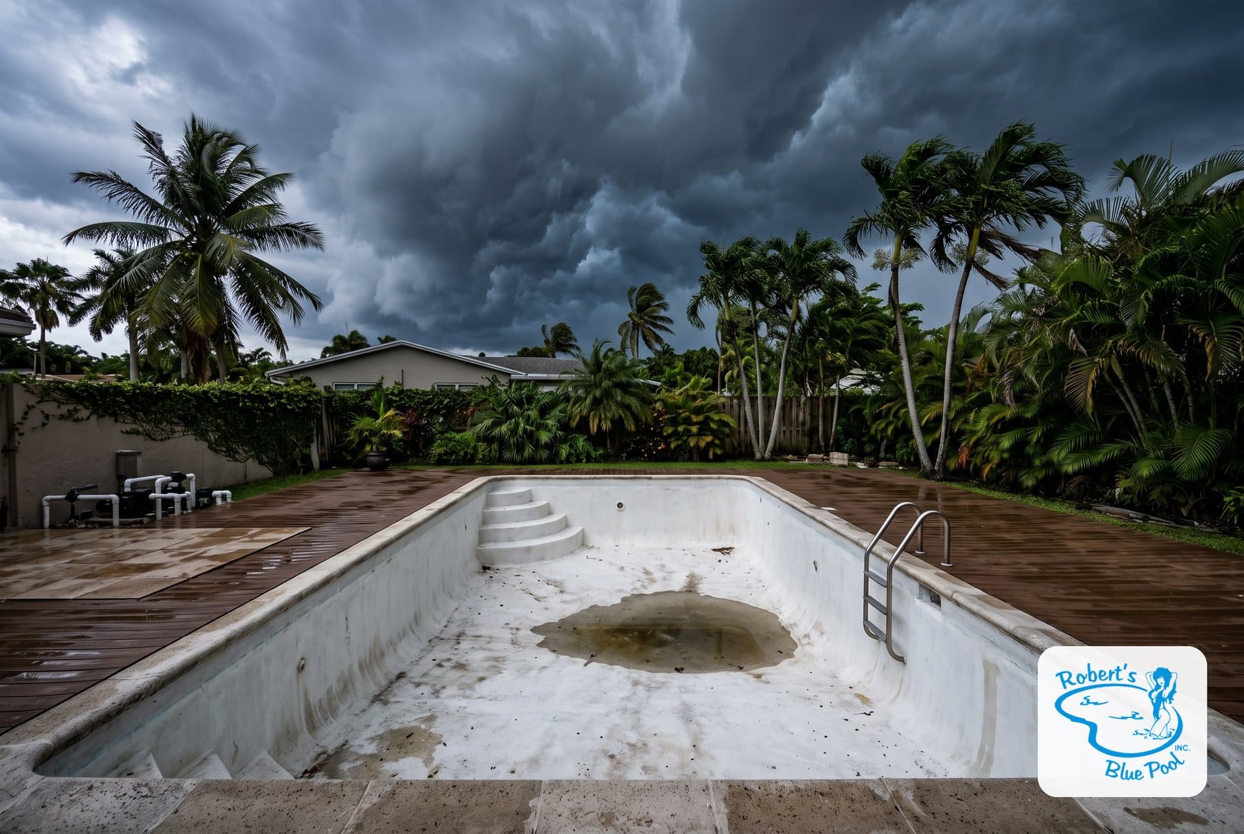 Dark afternoon thunderstorm clouds building over an empty Miami backyard pool with bare plaster walls