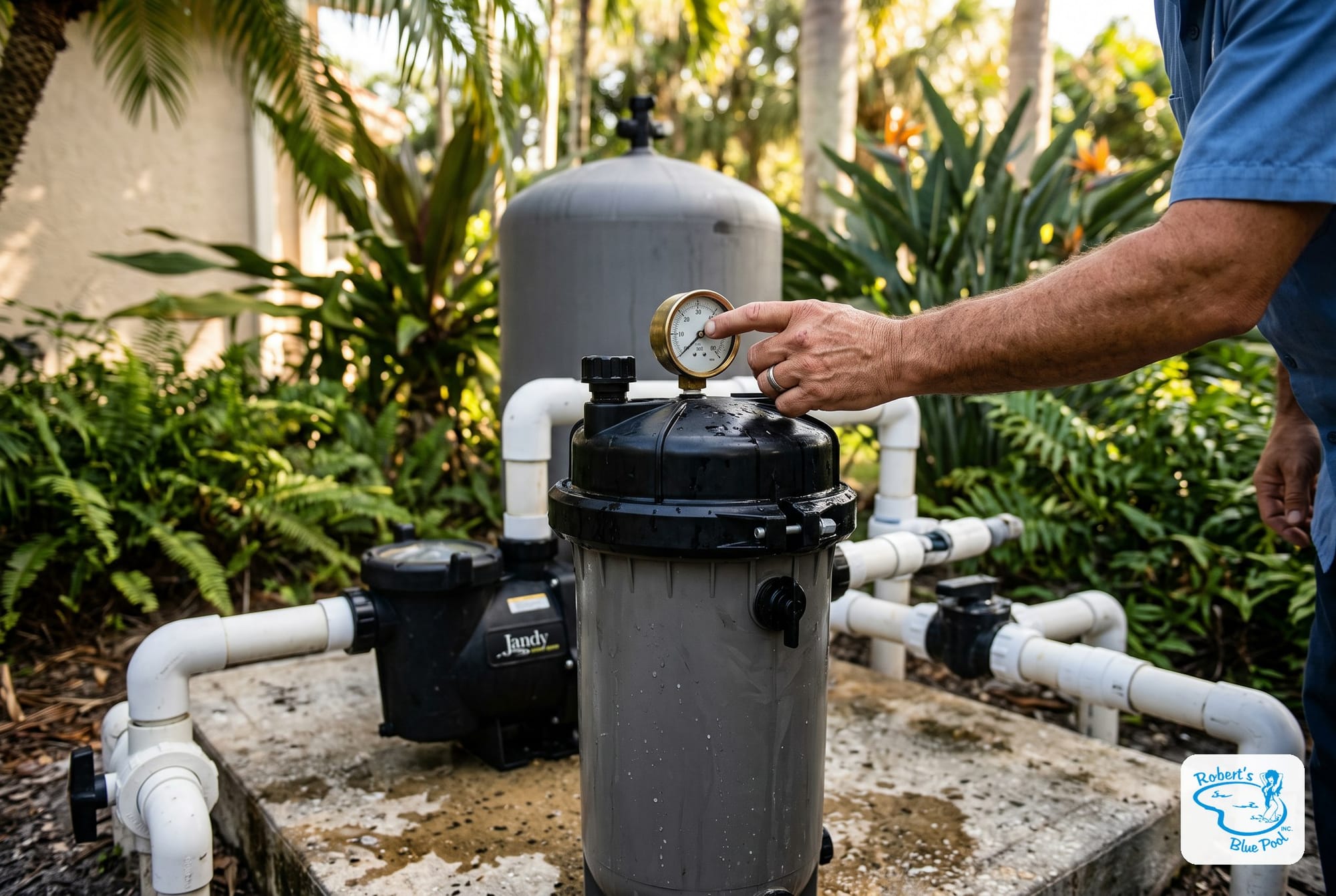 Pool technician in a uniform shirt reading the pressure gauge on a cartridge filter at a Miami equipment pad