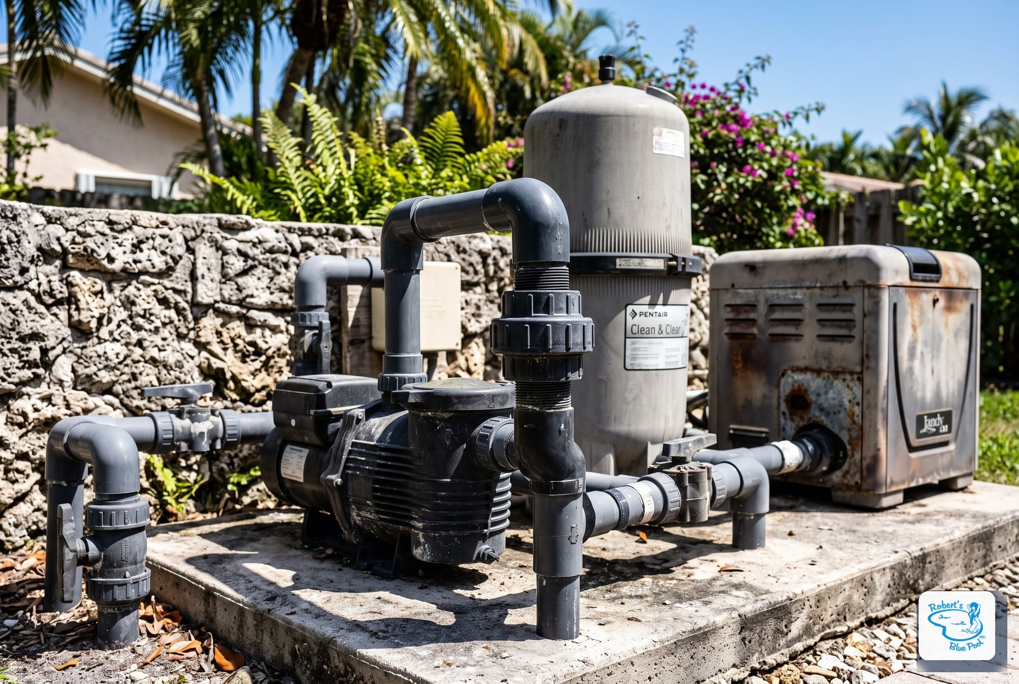 Miami pool equipment pad with a Pentair cartridge filter, pump and gas heater under midday sun