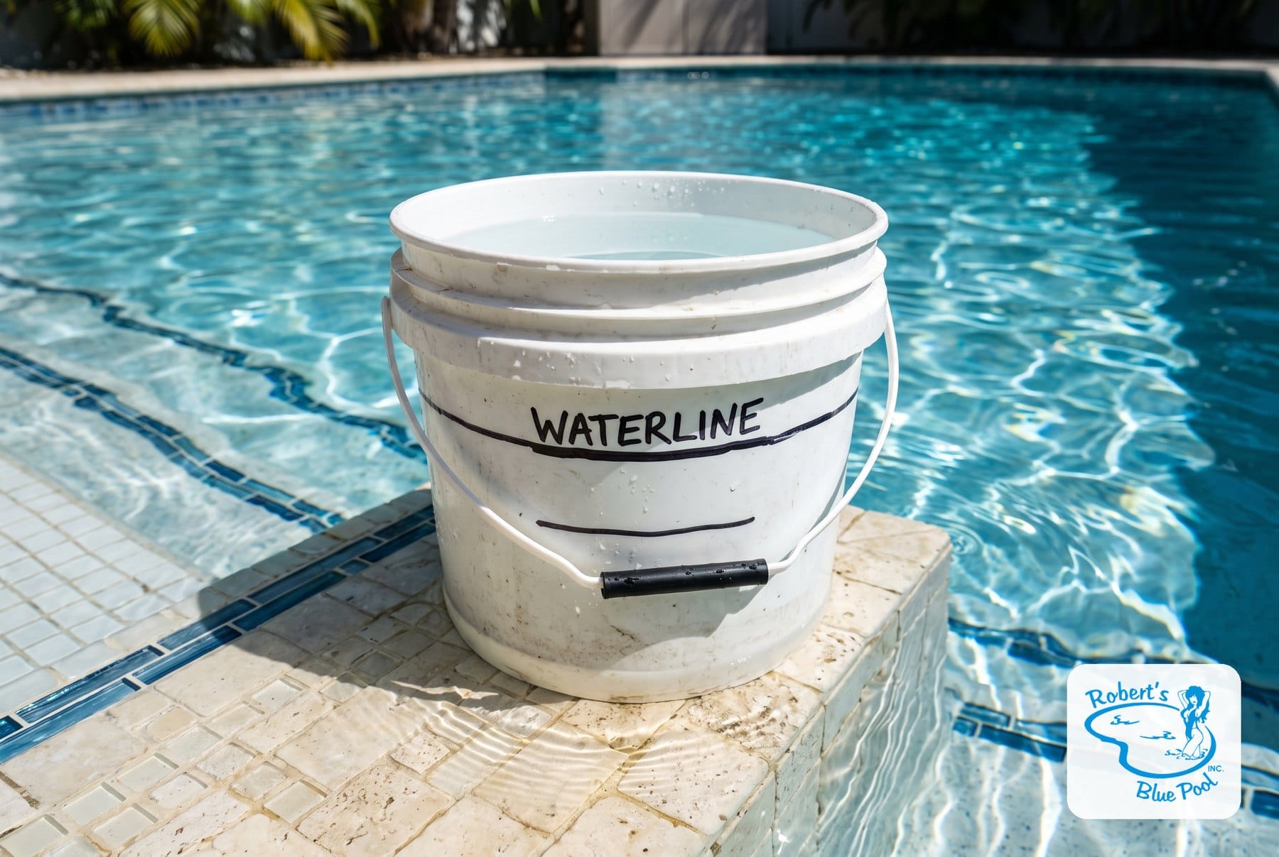 Bucket test on a pool step with a marked waterline inside and outside the bucket