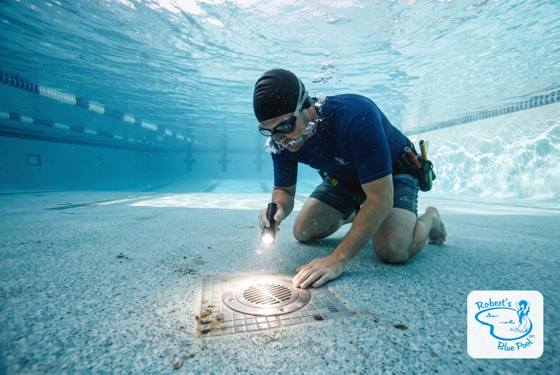 Technician checking a pool main drain cover with a flashlight