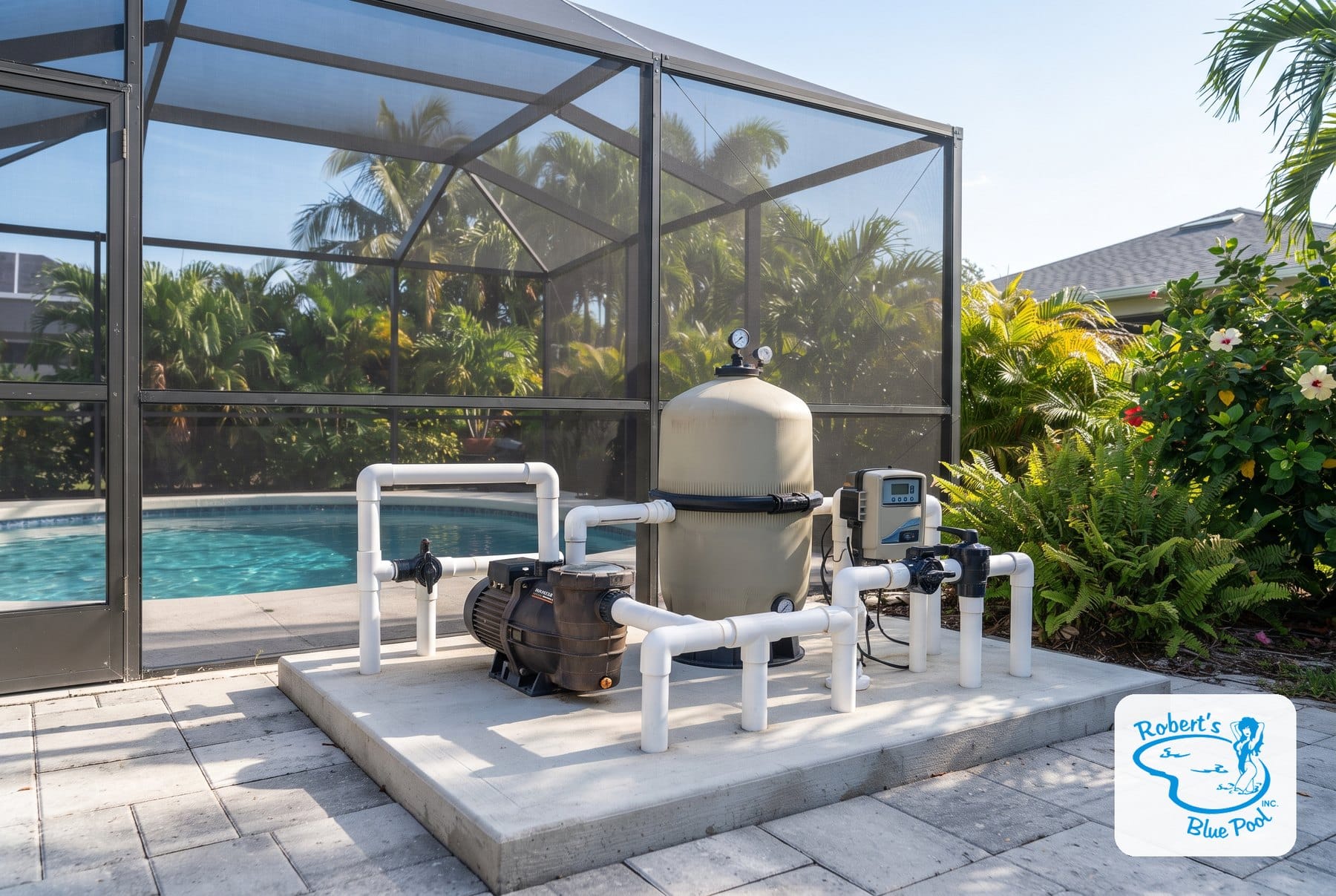 Open Miami backyard pool on a clear winter morning with the equipment pad in view
