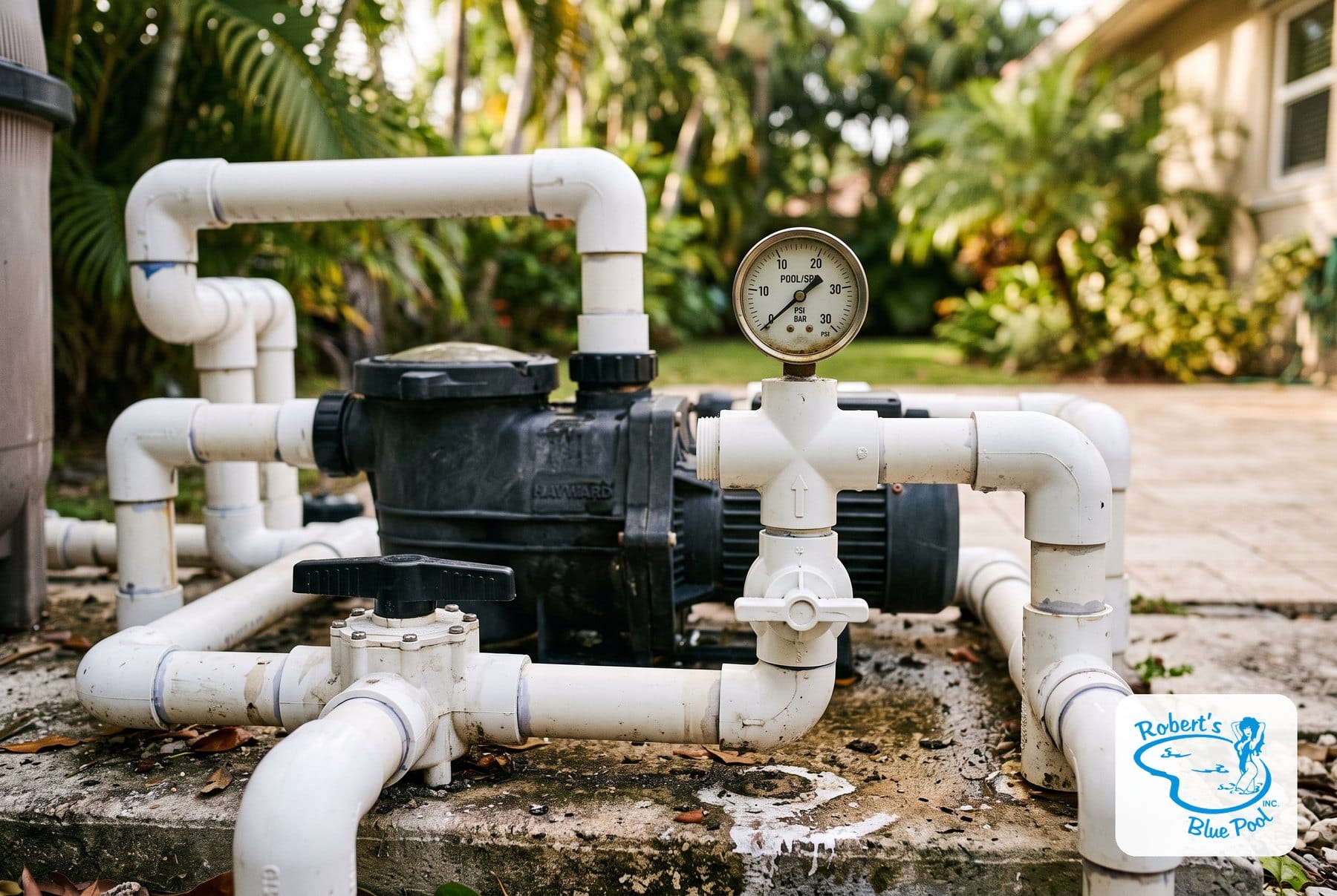 Pool equipment pad in Miami with a pump, filter and plumbing manifold
