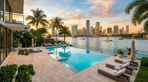 Luxury swimming pool with turquoise water and tropical landscaping in the Biscayne Bay area of Miami, Florida