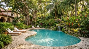 Freeform pool with rock waterfall surrounded by lush tropical canopy in Coconut Grove, Miami