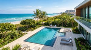 Modern geometric pool with coastal landscaping on Key Biscayne island, Miami