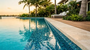 Luxury Miami swimming pool with blue pebble finish surface and tropical landscaping at golden hour