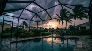 Storm clouds approaching over a Miami backyard pool with screen enclosure and palm trees