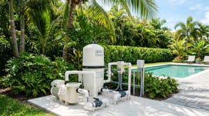 Pool equipment pad with pump and filter system in a Miami backyard, tropical landscaping