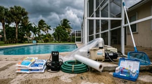 Hurricane storm preparation supplies staged beside pool equipment pad in Miami-Dade
