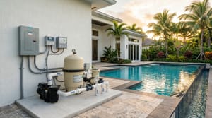 Pool equipment pad with surge protection panel next to luxury Miami swimming pool at golden hour