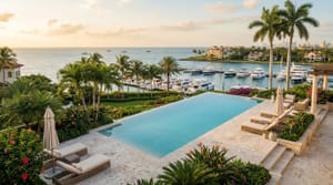 Ultra-luxury infinity pool overlooking the ocean on Fisher Island, Miami