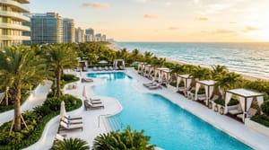 Luxury resort-style pool with cabanas and ocean views in Bal Harbour, Miami