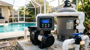 Variable-speed pool pump on equipment pad in Miami-Dade residential backyard