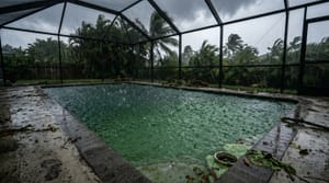 Miami residential pool turning green with algae during rainstorm with dark clouds and palm trees