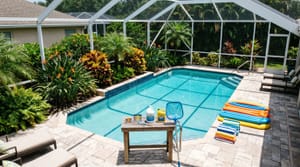 Miami residential pool being prepared for summer party with test kit and floats on deck