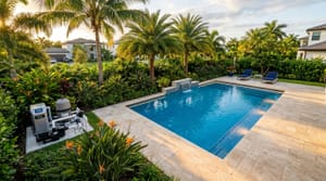 Renovated residential pool with pebble aggregate finish and travertine deck in Miami-Dade