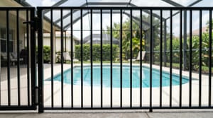 Pool safety barrier fence with gate latch in Miami-Dade residential backyard