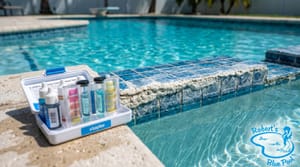 Calcium scale on Miami pool waterline tile with a water test kit on the coping