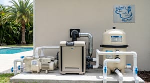 Miami backyard pool equipment pad with variable-speed pump, heater, and filter