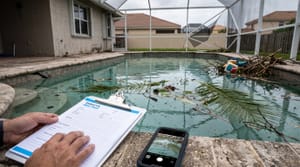 Documenting storm damage to a Miami-Dade pool and screen enclosure for an insurance claim
