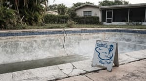 Aging Miami pool partially drained for inspection with worn plaster and cracked waterline tile