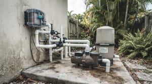 Salt chlorine generator and pump on a Miami pool equipment pad in summer
