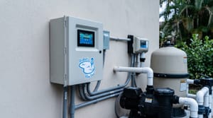 Pool automation control panel on a Miami equipment pad beside a variable-speed pump