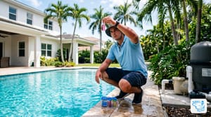 Miami backyard pool at midday with a service technician testing water at the edge beside an equipment pad