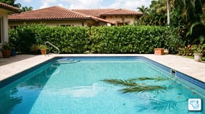 Backyard pool in Miami with palm debris on the surface before snowbird season