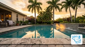 Miami backyard pool with a visible waterline mark and cracked coping beside palms