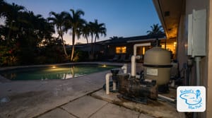 Miami backyard pool at dusk with a pump equipment pad in the foreground