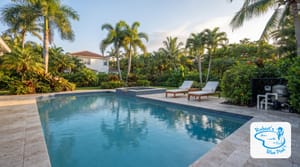 Miami backyard pool on a clear winter morning with palm trees and lounge chairs
